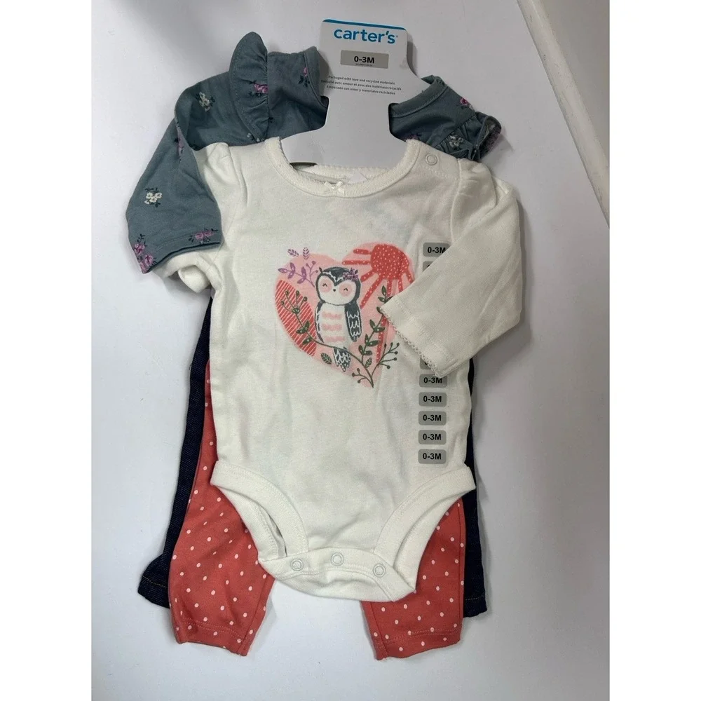 Carter's Baby Girl 4 Piece Bodysuits & Matching Pants | Size 3 Month NEW Owl